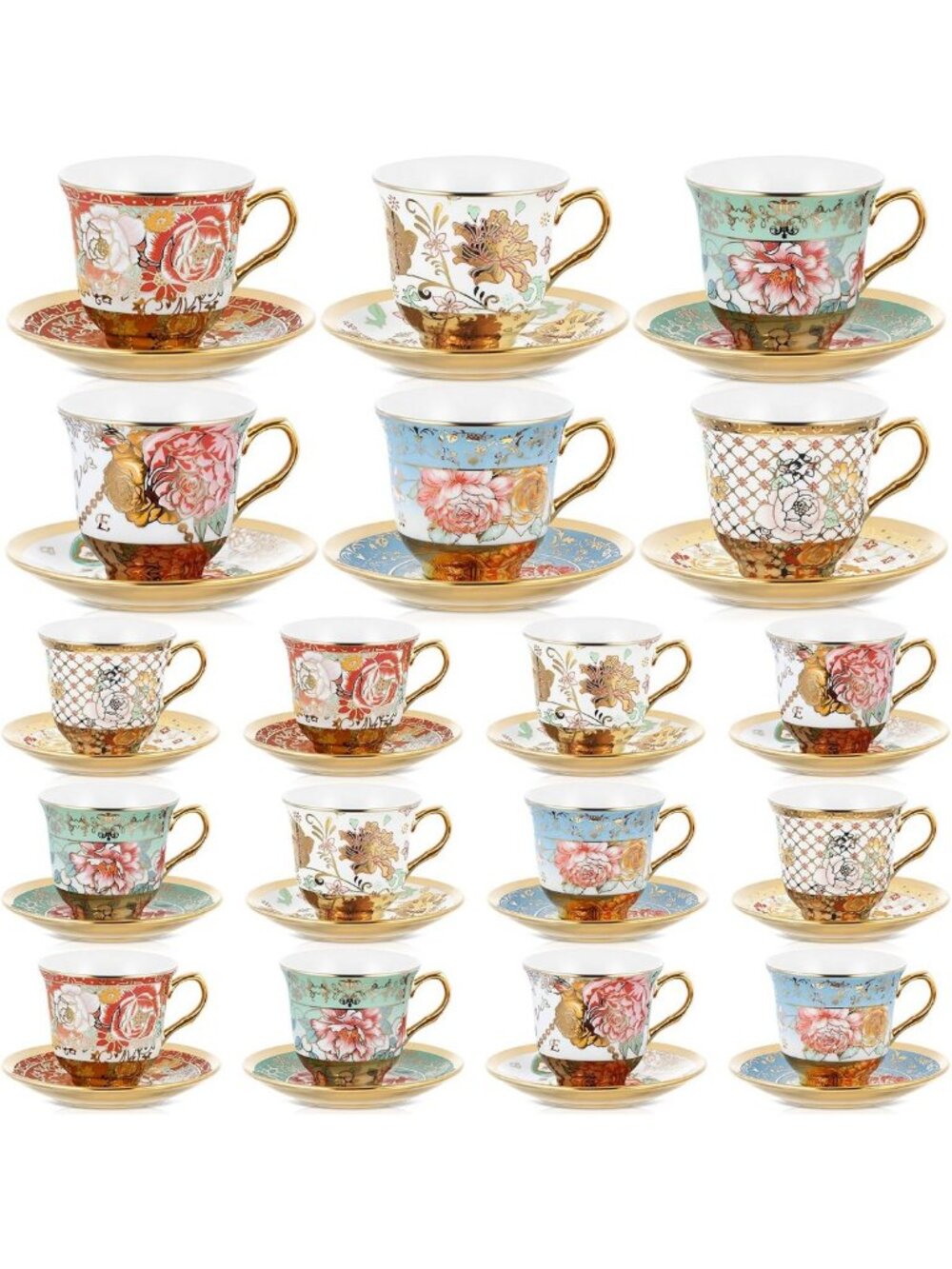 Stylish Set of 18 Tea Cups & Saucers, 5.4 oz, Perfect for Tea Parties & Gifts